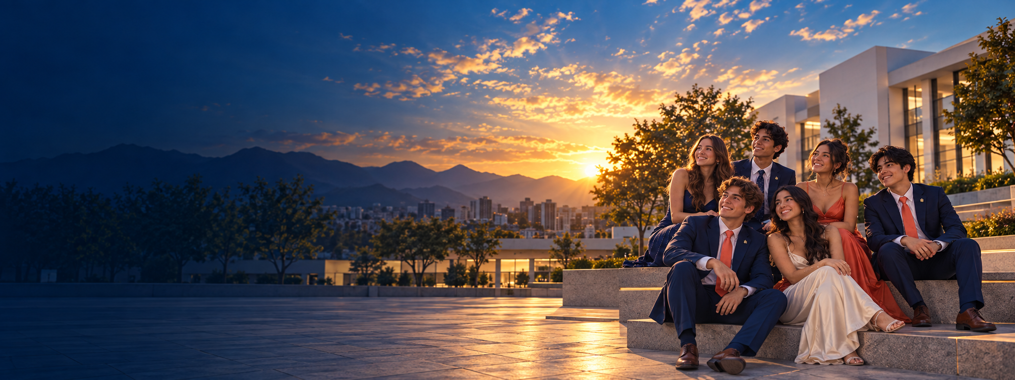 Estudiantes de promoción reunidos al atardecer en su campus