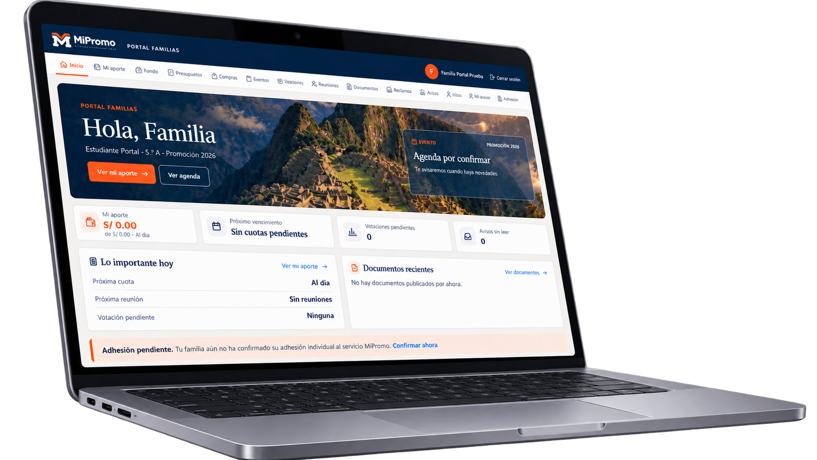 Vista ilustrativa del inicio de Portal Familias en laptop