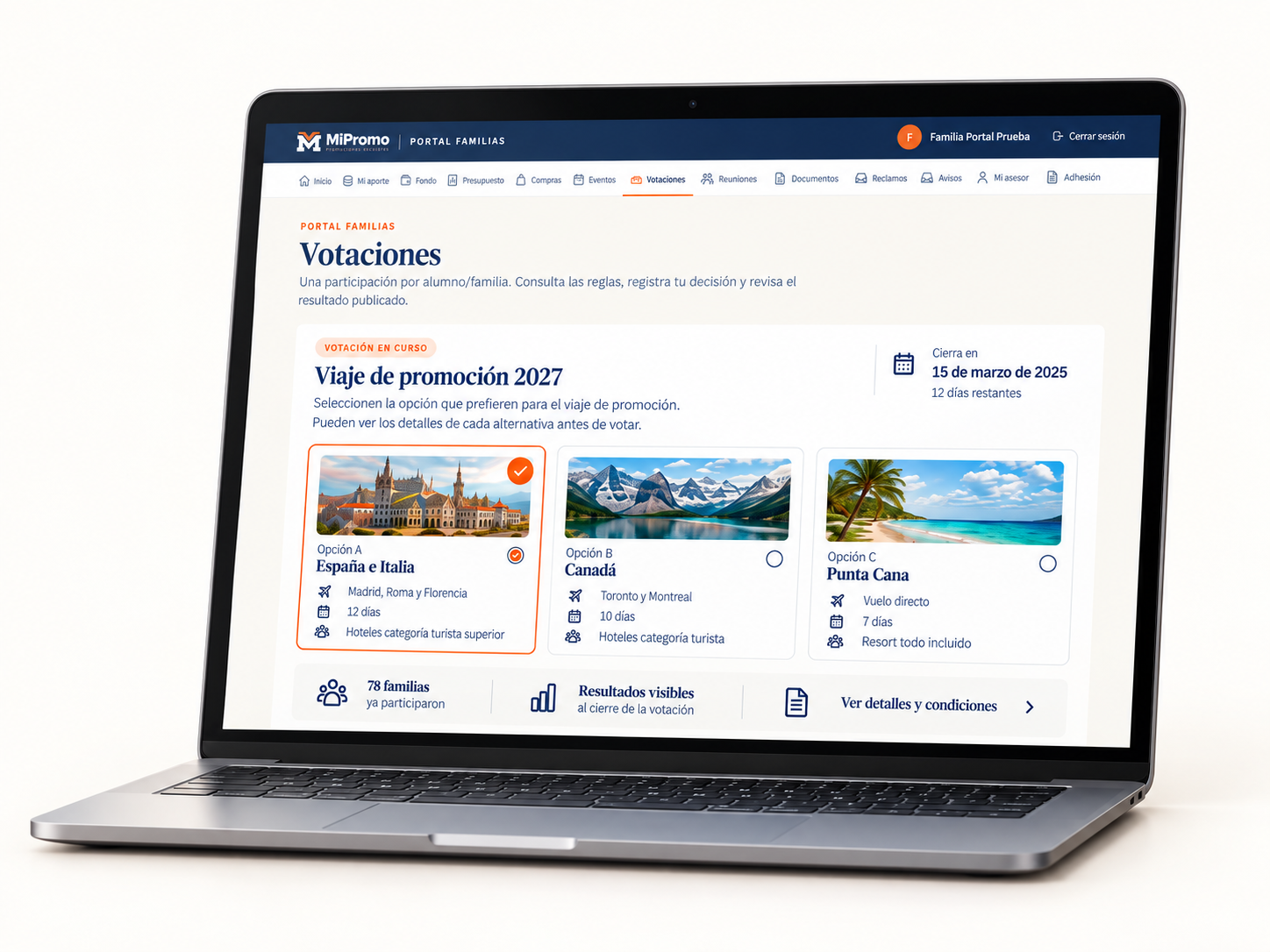 Vista ilustrativa de Votaciones del Portal Familias en una laptop, con tres alternativas de viaje
